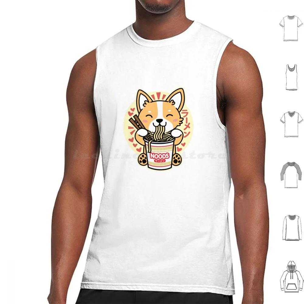 Corgi Eating Instant Noodles In A Cup Tank Tops Print Cotton Ramen Corgi Funny Humor Instant Noodles Noodles Cute Kawaii