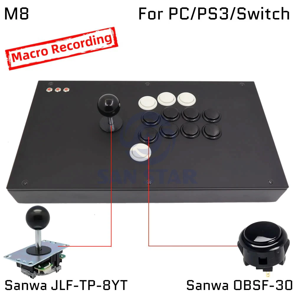 FightBox M8 매크로 레코딩 아케이드 제로 딜레이, SANWA 조이스틱, PC, PS3, 스위치용 히트박스 게임 스틱 컨트롤러, 30M 버튼