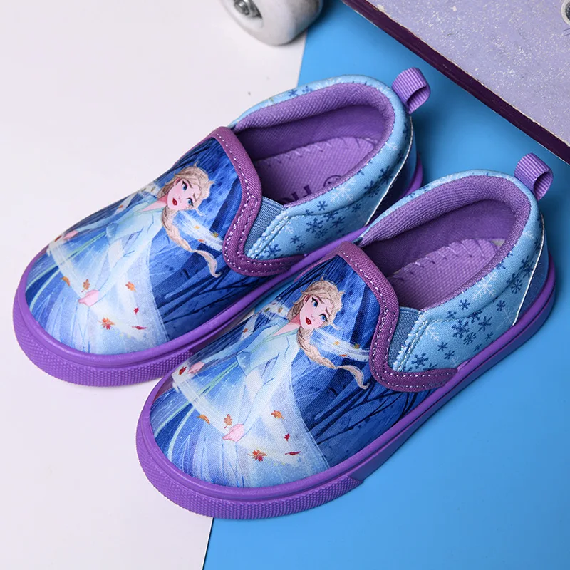 Disney Children\'s Casual Canvas Shoes Cartoon Priness Elsa Pattern Girls\' Cartoon Breathable Shoes Student Blue Shoes Size 26-29