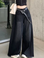 Jeans a gamba larga neri stile americano donna retrò allentato autunno femminile streetwear pantaloni a vita alta Mujer elegante fare vecchio lavaggio