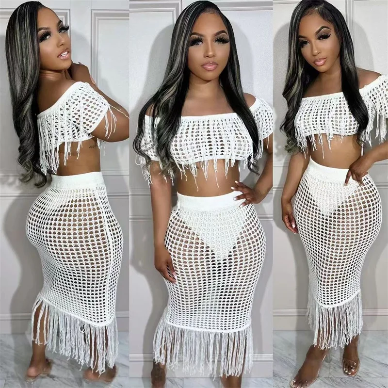 Sexy Crochet Hollow Out Beach Party 2 Piece Dress Sets Women Vacation Outfit Tassel Fringed Crop Top and Long Skirt Sets Summer