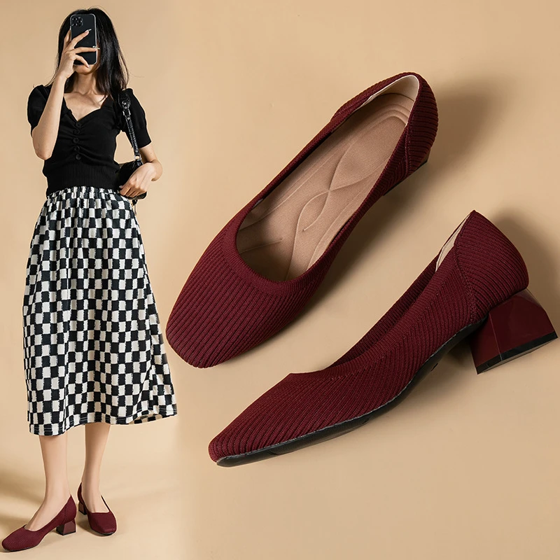 Straight Grain Square Toe Princess Shoes Thick Heel Single Shoes Women Summer Mid-Heel 4cm Breathable Knitted Soft Sole Casual view 5