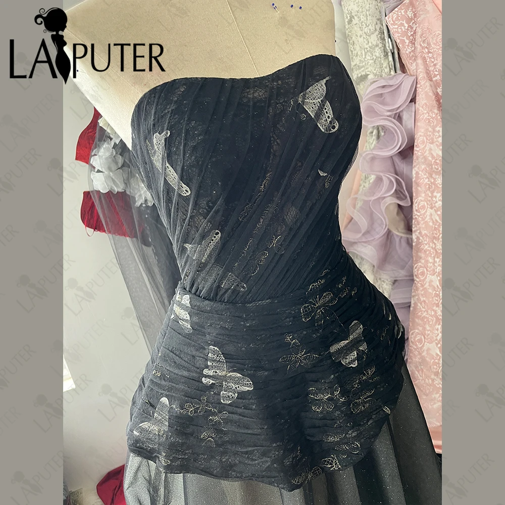 

Floral Black Lace Prom Dresses Off Shoulder Semi A line Tulle Evening Gowns Flower Lace Elegant Party Dress