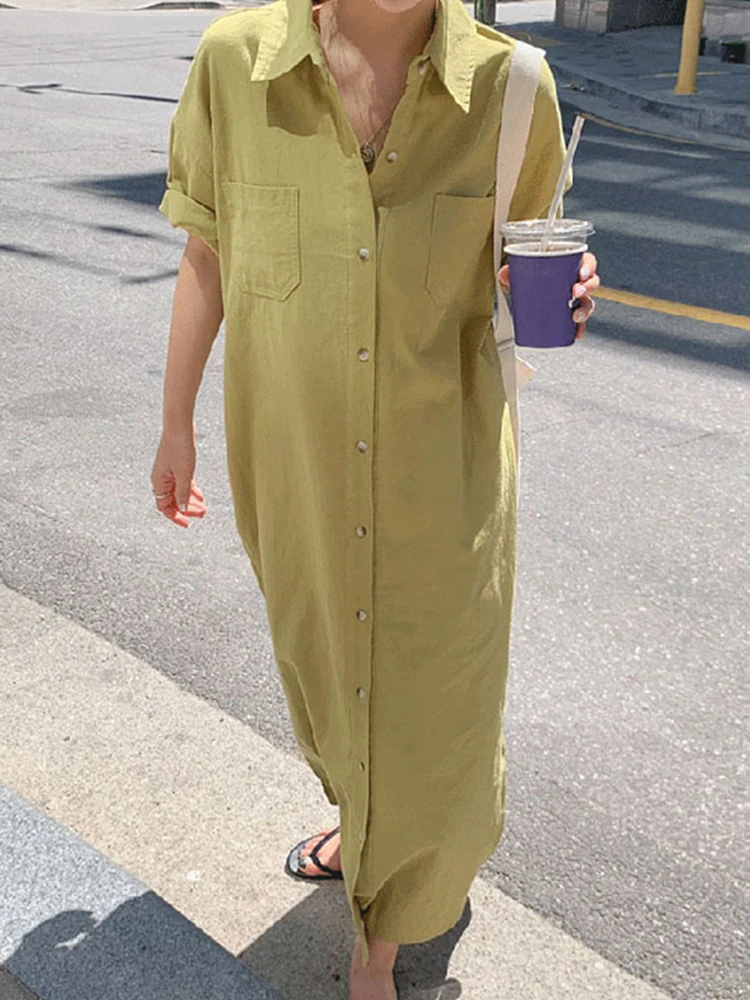 

CCMM Simple Turn-down Collar Single Breasted Loose Short Sleeve Dresses Women Summer Straight Robe Big Size Shirt Dress