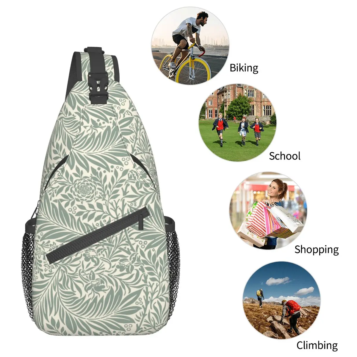 William Morris Green Crossbody Sling Bags Small Chest Bag Floral Art Shoulder Backpack Daypack for Hiking Travel Travel Bag