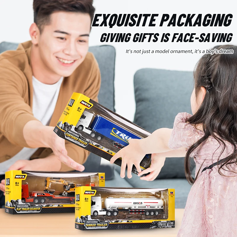 HUINA Diecast Engineering Construction Vehicles Dump Digger Mixer Truck 1/50 Scale Metal Model Cars Pull Back Car Kids Toys Gift