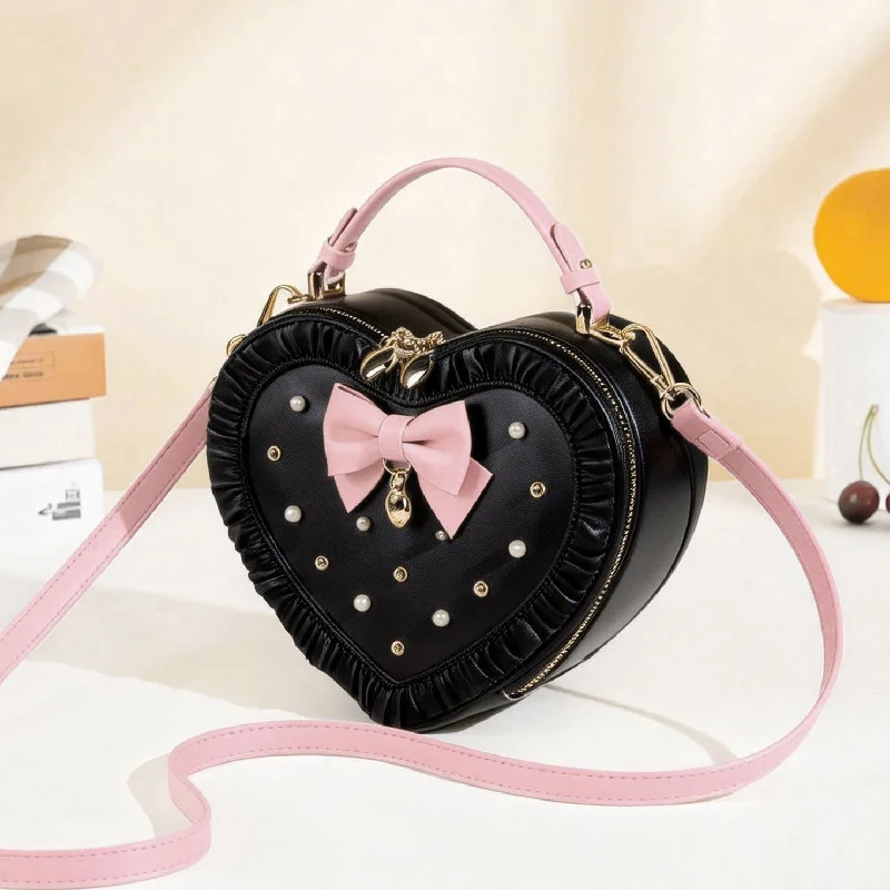 Japanese Original 2026  Love Sweet Lolita Bow Peach Heart Bags Women's Handbag Shoulder Bag Cute Lace Pearl Bow Bag for Female