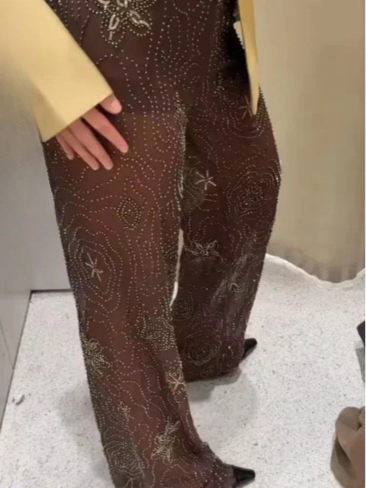 

Sexy See-through Pants Women Y2k Elastic Waist Seguin Print Straight Trouser Female 2025 Spring Summer Lady Shiny Party Outwear