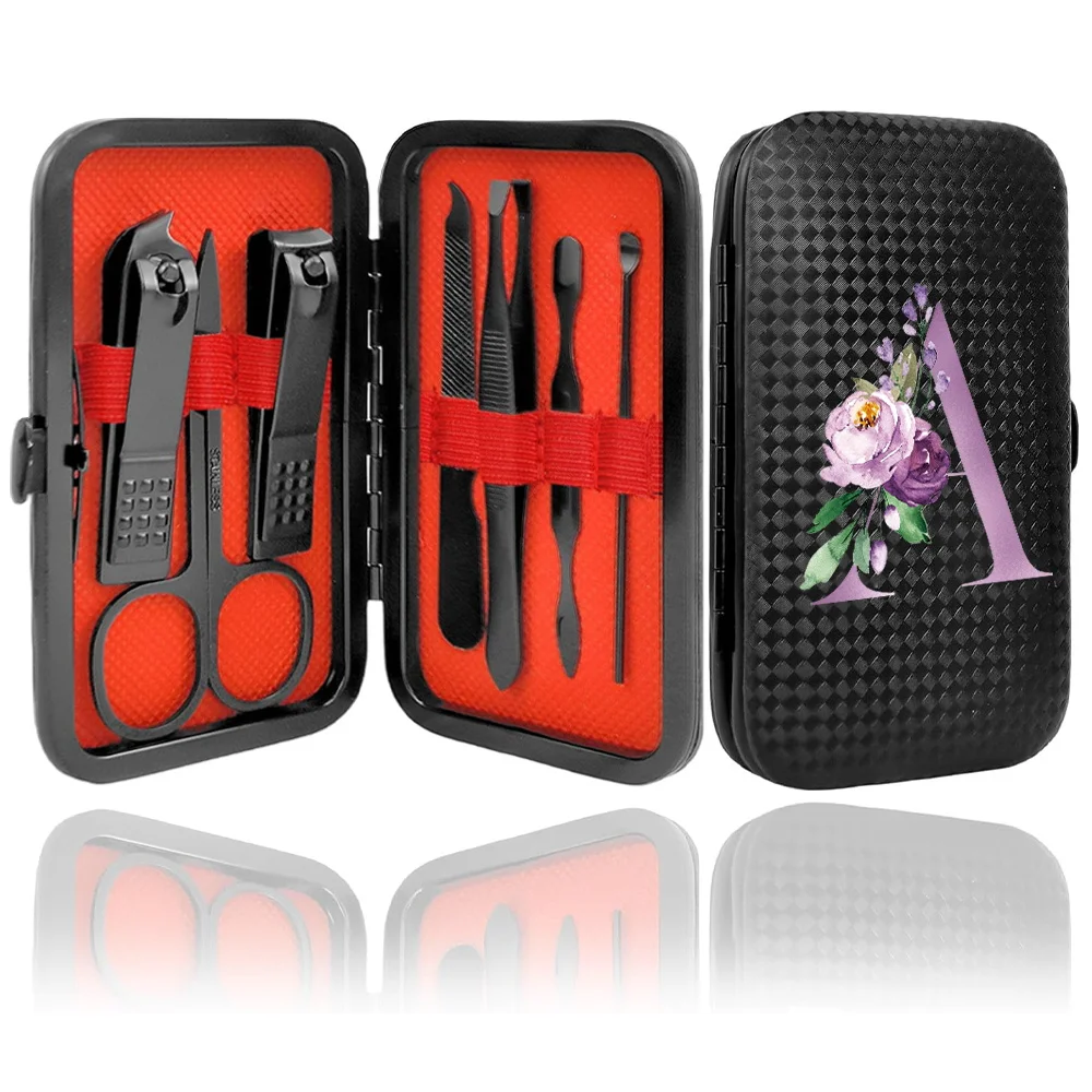 Kit de coupe-ongles portable en acier inoxydable, ensemble d'outils de manucure et de pédicure, motif de lettres violettes, 7 pièces