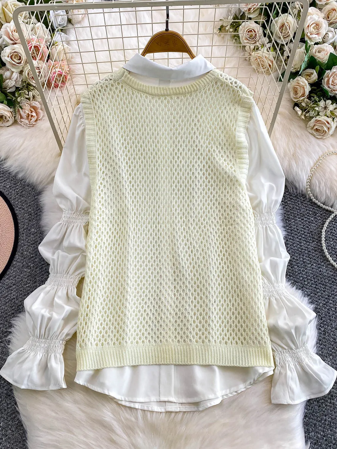 Chic White Lantern Sve irt Damen-Oberbekleidung, lockere, schlankmachende, hohle Strickweste, zweiteiliges Set, faionable Casual Sle