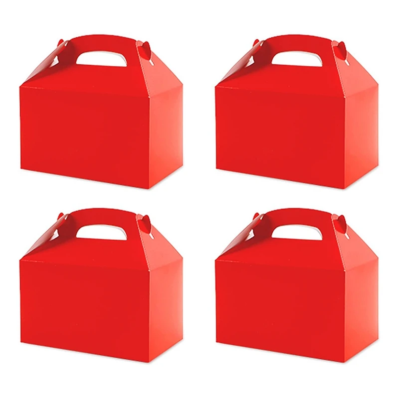 50 Pcs Party Treat Boxes White Snack Goodie Bags With Handle Paper Cookie Gift Bags Gable Boxes Red