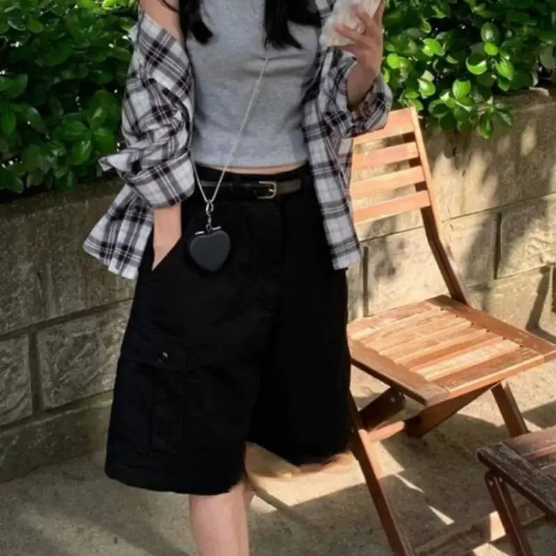 BabYoung American Retro Street Wide Leg Y2k Straight Loose Five-Point Pants Summer High Waist Jeans Shorts For Women