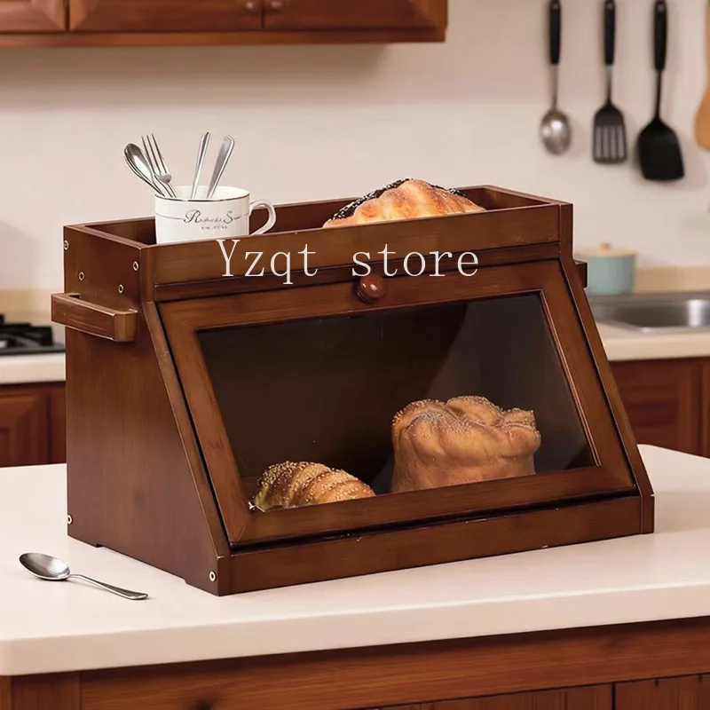 Cross-border bamboo bread box, kitchen countertop locker, household large-capacity double-layer clamshell food storage box