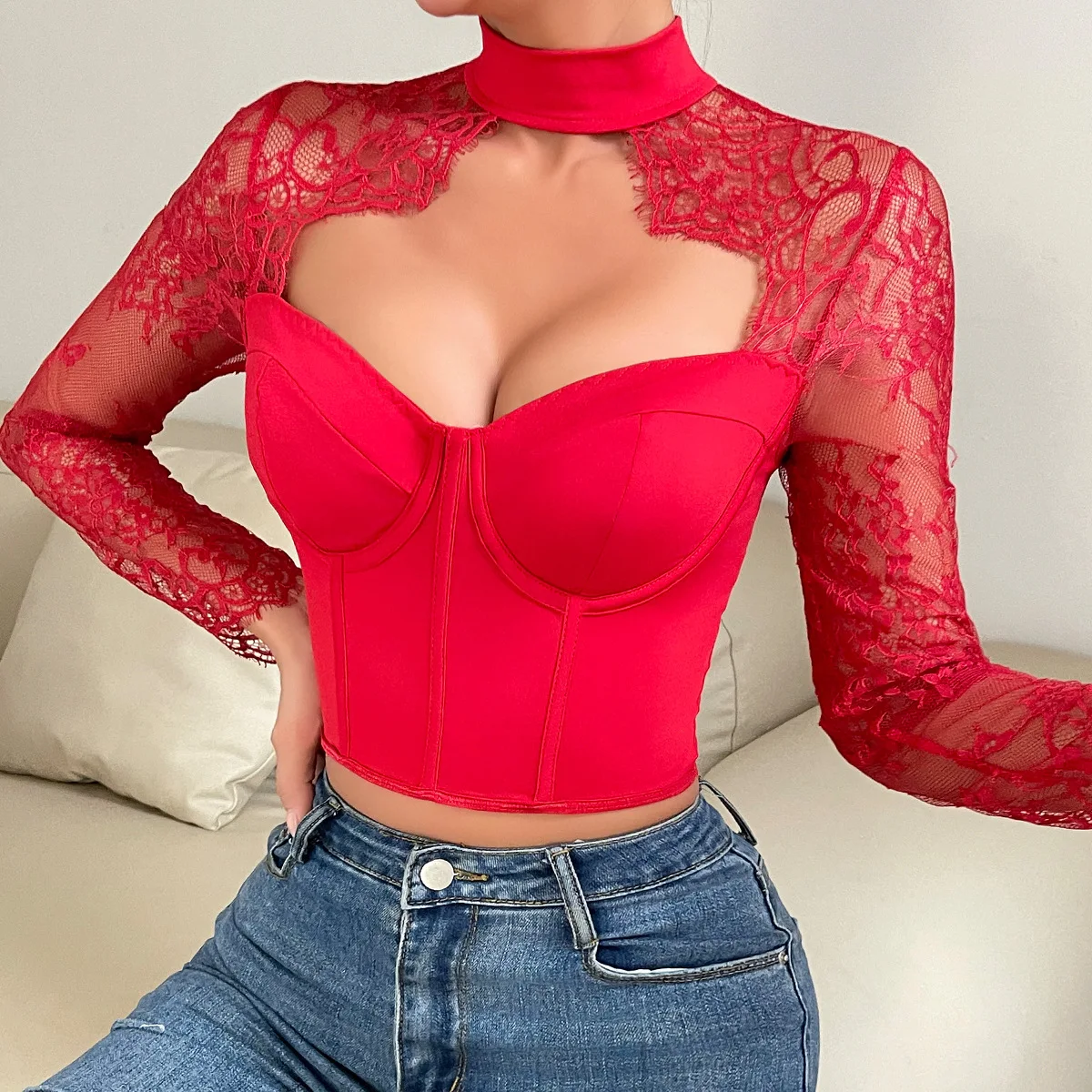 Summer Sexy Lace Hollow Out O-Neck Corset Long Sleeve Bustier T-Shirt Fashion Women\'s Elegant Slim Fit Crop Tops Solid Pullover