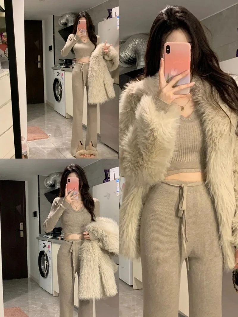 Miiiix Early Autumn Spicy Girl Fashion Small Fragrant Style V-neck Hoodie Women's Knitted Top Wide Leg Pants Two Piece Set