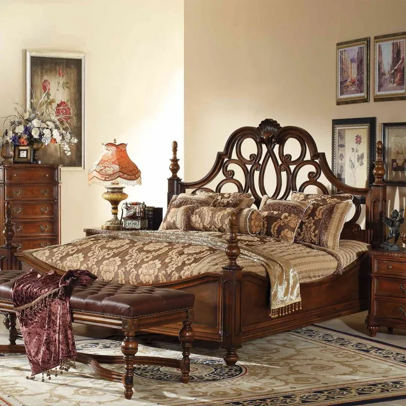 Master bedroom double  American bed double hollowed out bedside hand-carved neoclassical all solid wood