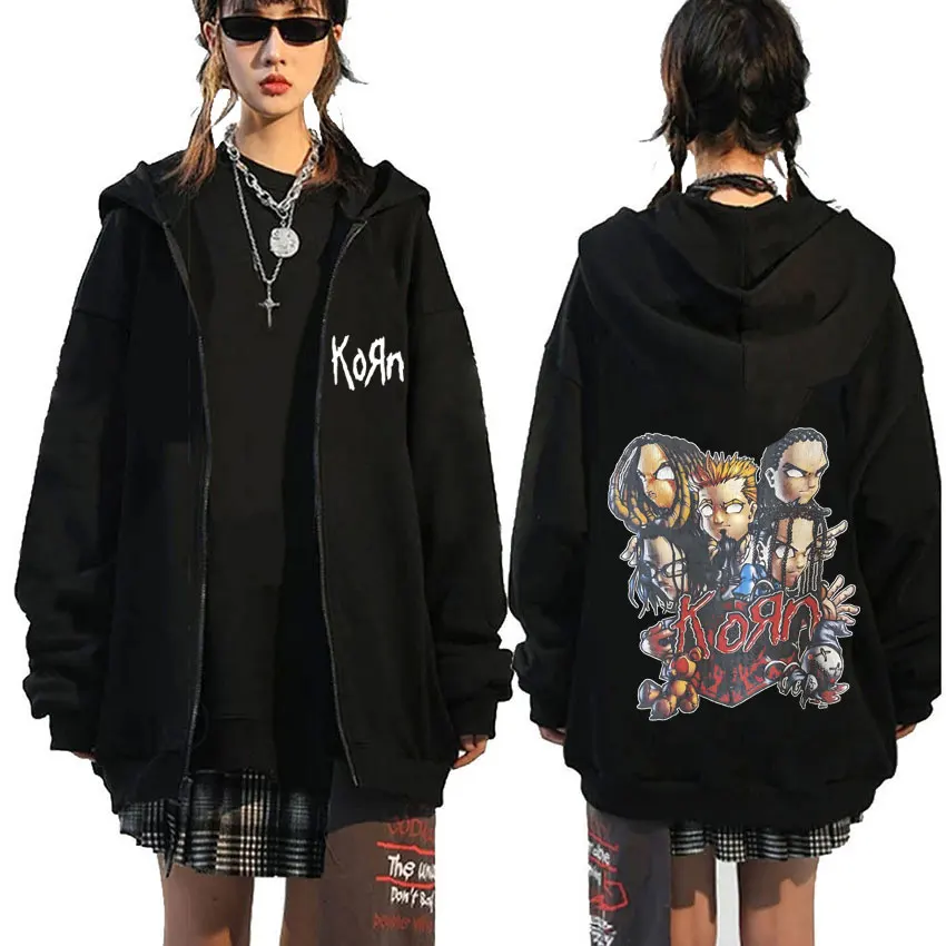 

Rock Band Korn Anime Cartoon Print Zipper Hoodie Male Alternative Metal Music Hoodies Men Women Fashion Oversized Zip Up Jacket