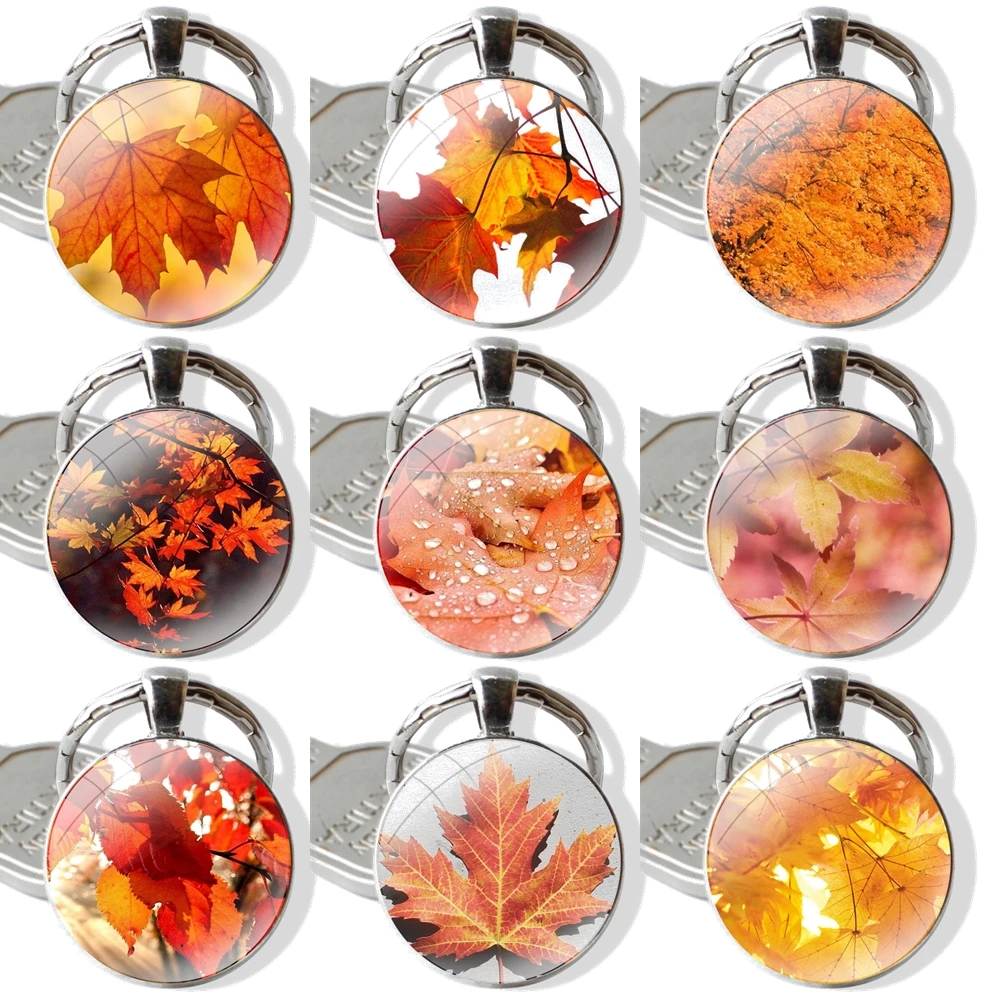 Keychain Handmade Glass Cabochon Key Ring Holder Pendant Key Chains Autumn fall Maple Leaves