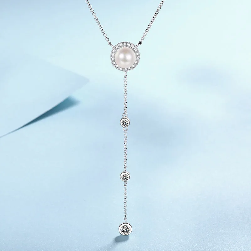 قلادة من لؤلؤ المياه العذبة الفضي S925 ، خط مويسانيتي 0.5ct ، قلادة شرابة ، على الطراز الكوري ، فاخر خفيف ، ملابس حفلات بسيطة للموت #2