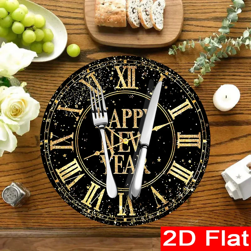 6/8 قطعة مجموعة المفارش السنة الجديدة ساعة العد التنازلي نمط البوليستر الجدول الحصير عطلة الطعام سنة جديدة سعيدة مهرجان الديكور