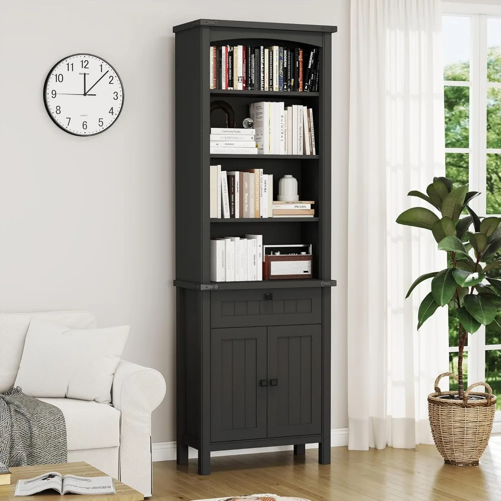 

71 Farmhouse Bookshelf with Storage Cabinet - Adjustable Shelves & Drawer - Multi-Functional Wood Bookcase for Office, Living Ro