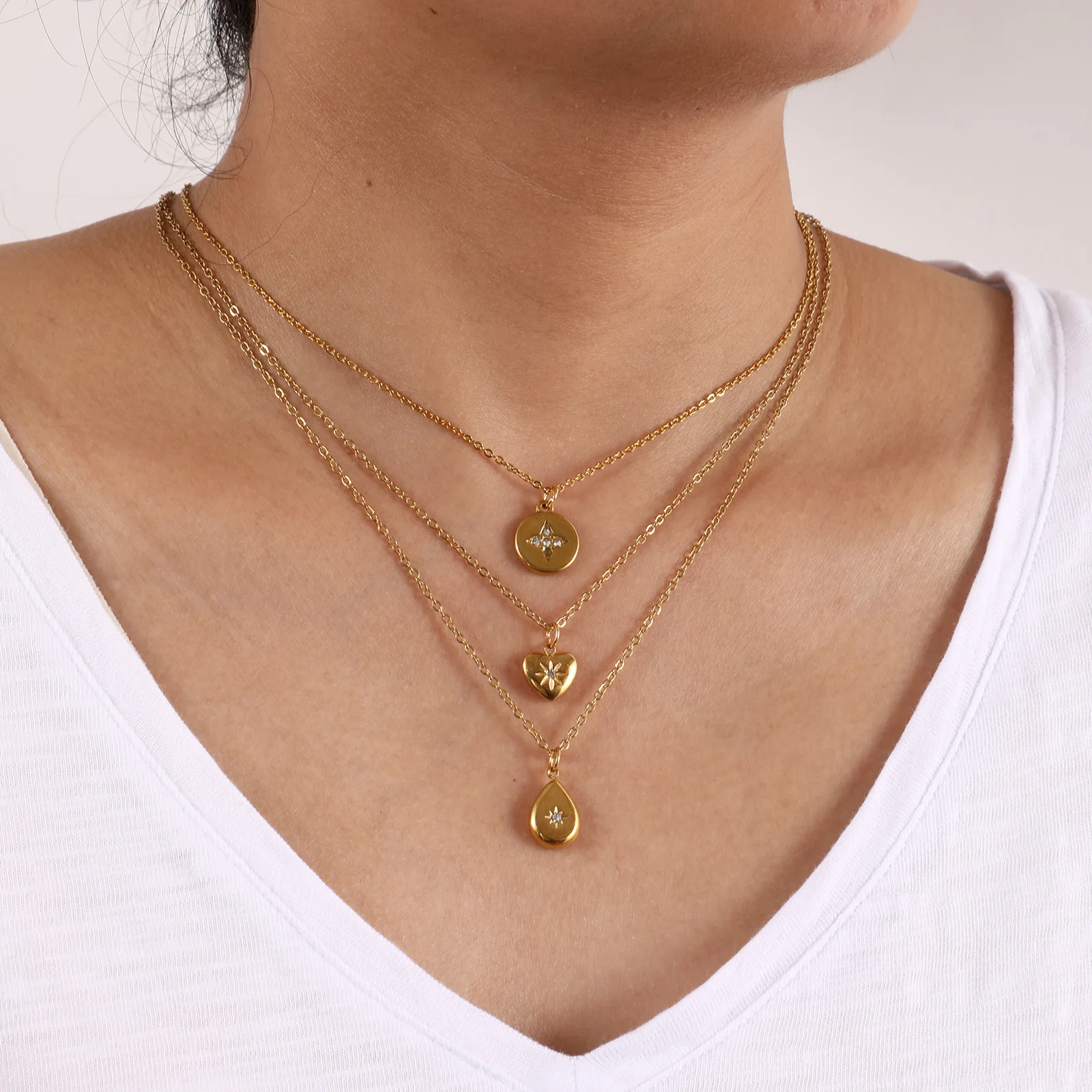 304 Stainless Steel Galaxy 18K Real Gold Plated Pendant Necklace Rhinestone Cable Chain Star Necklace For Women Gift 45cm