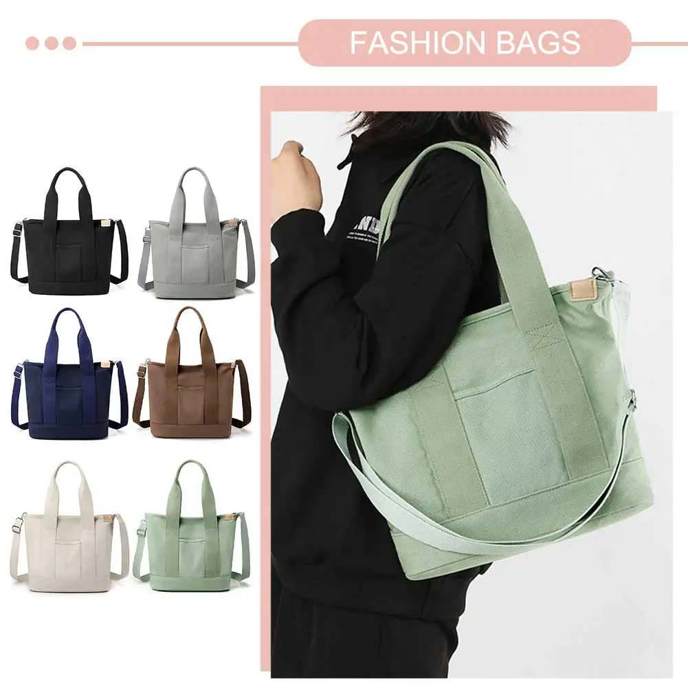 

Women Tote Bag Large Capacity Canvas Underarm Bag Solid Color Adjustable Strap Multi-compartment Lightweight for Office Travel