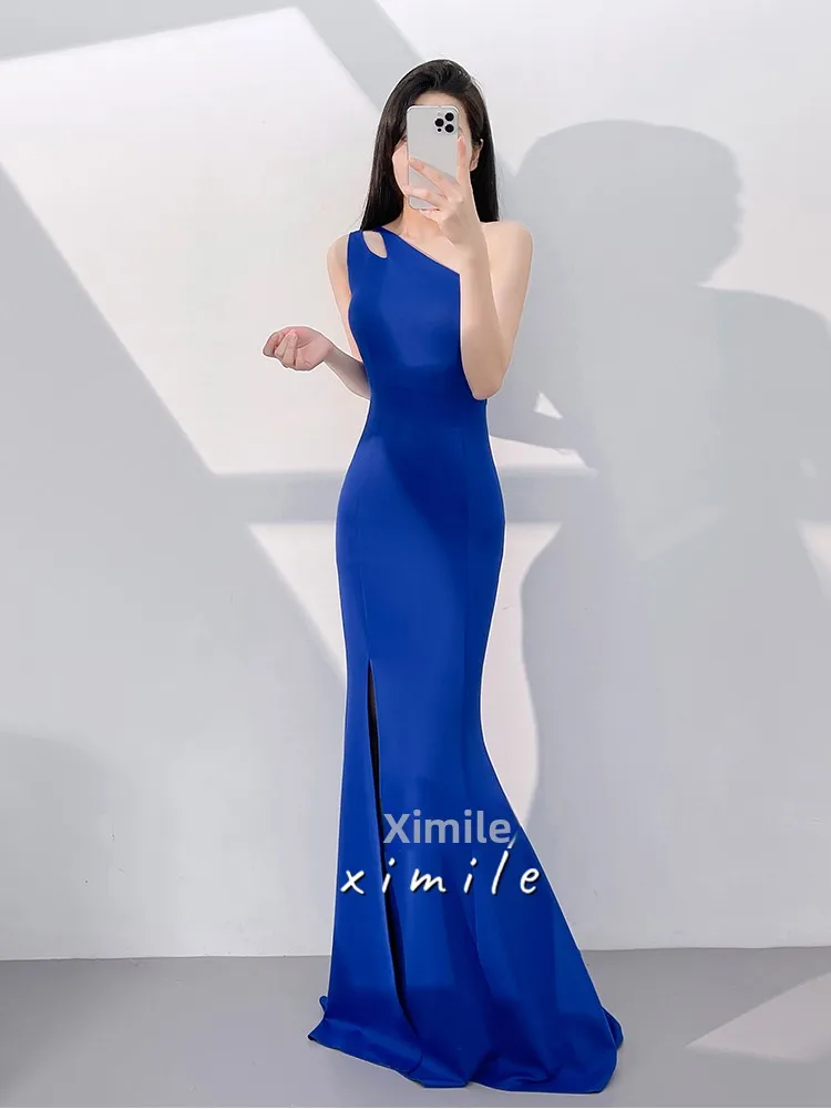 

Blue Slimming Single oulder Evening Gown Faionable Fi Tail Long Dr for Year End Par Art Exam Model Women's Dr