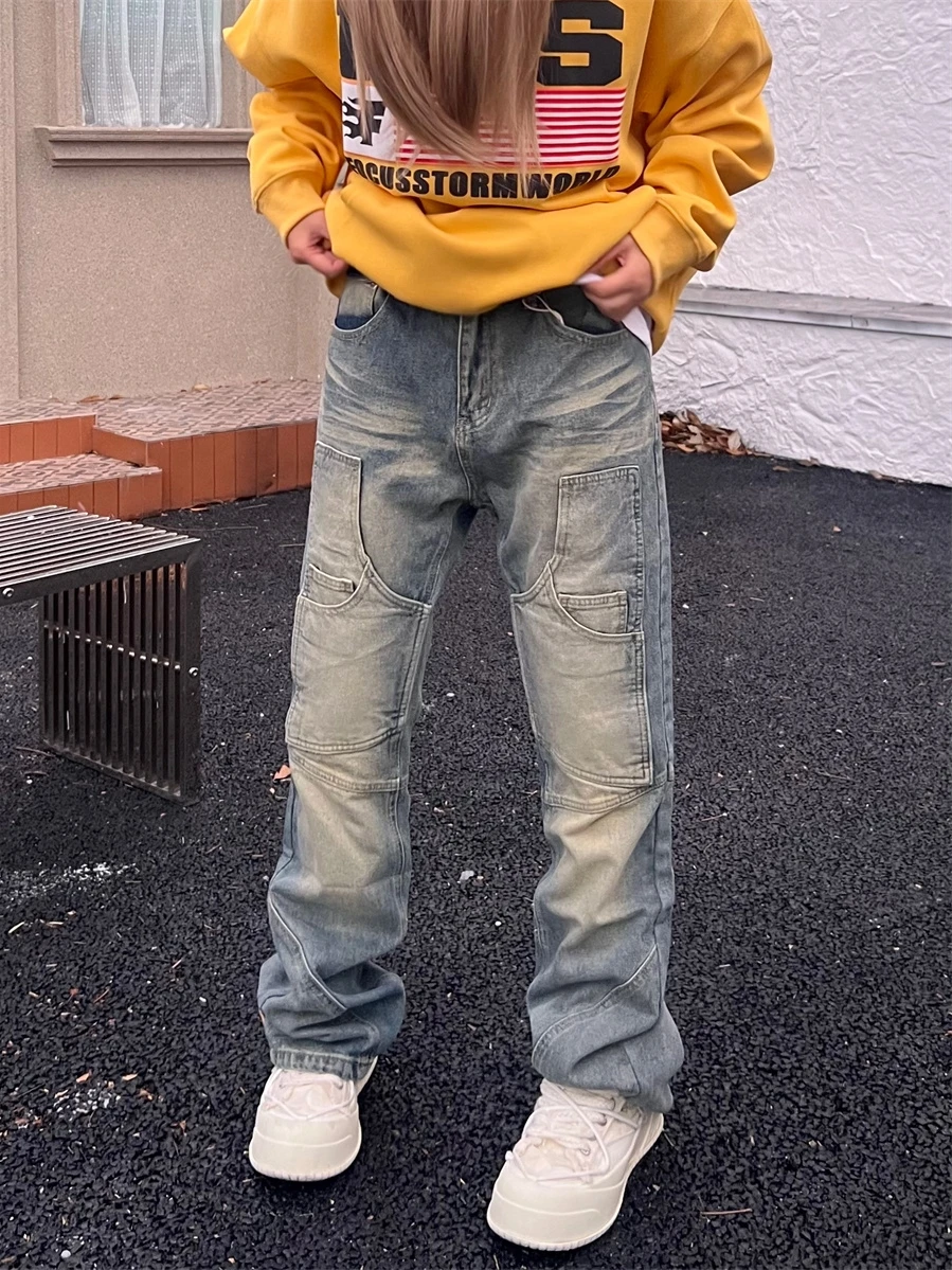 

Washed Vintage American Denim Jeans Slim Fit Pattern Micro Flared Long Pants Multi-Pocket Trendy Youth Casual Wear