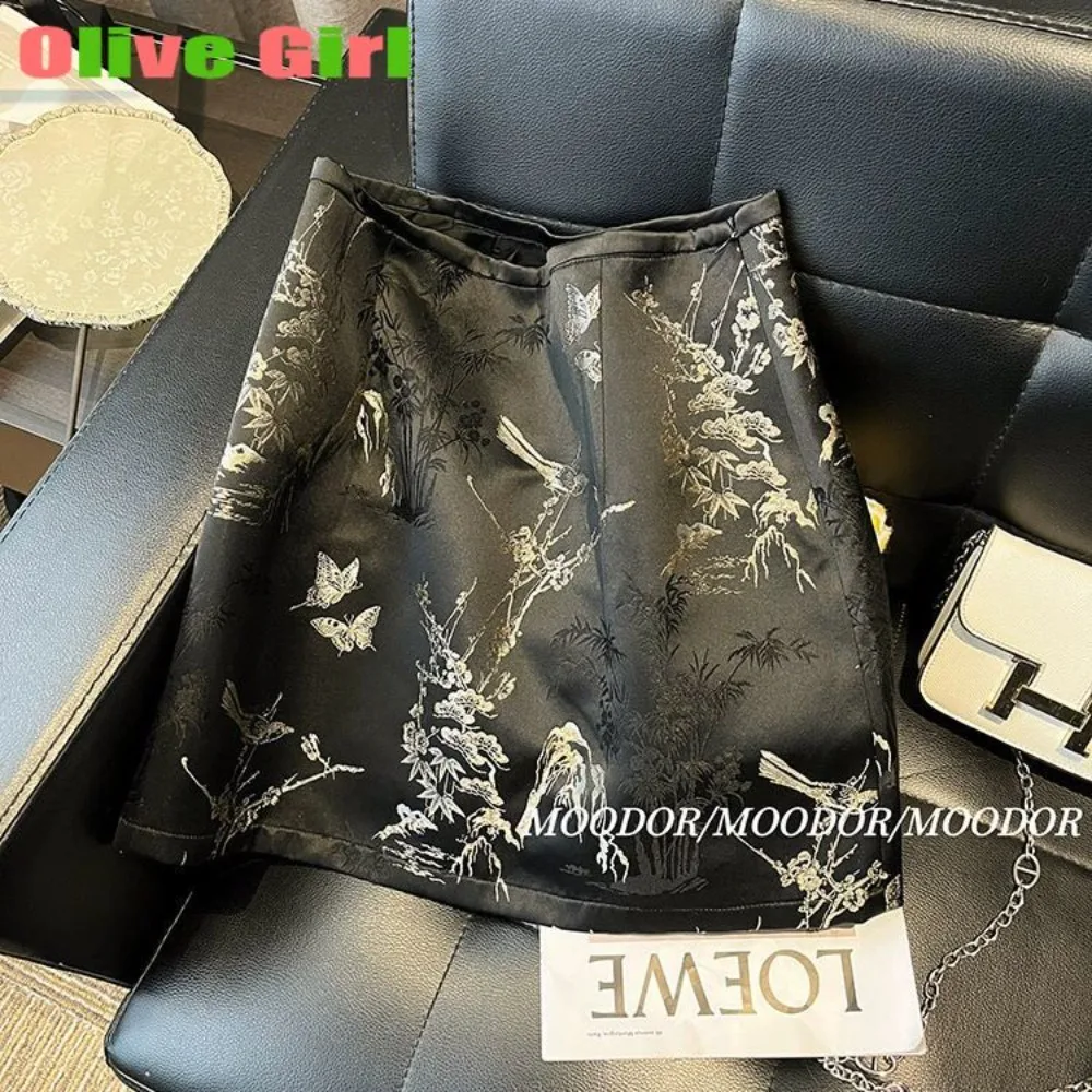 

Юбка средней длины, женская одежда, лето 2025 г., короткая юбка трапециевидной формы с высокой талией, утягивающая жаккардовая традиционная китайская одежда