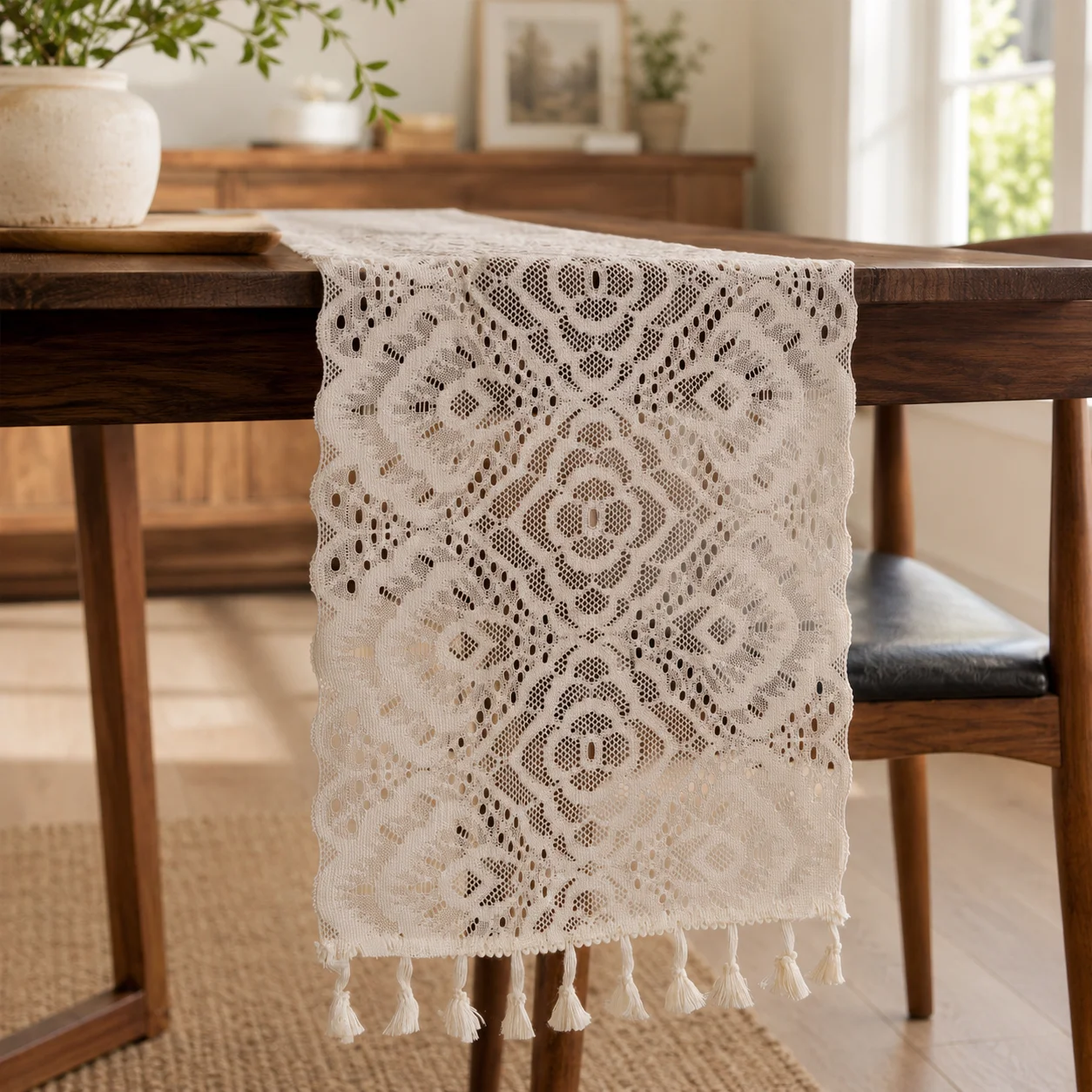 1PC Forest hollow crochet tassel table runner, natural linen cotton, decor for balcony tea table & flower display stand