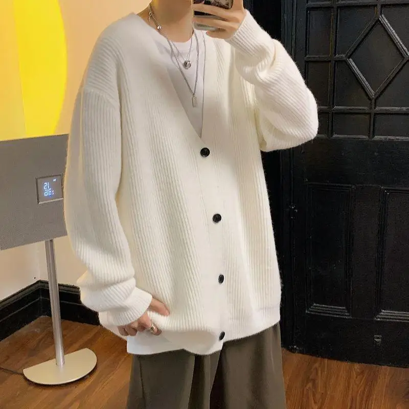 Sweater Cardigan Men V-neck Harajuku Baggy Clothing Winter All-match Japanese Kpop Stylish College Simply Solid Knit Streetwear