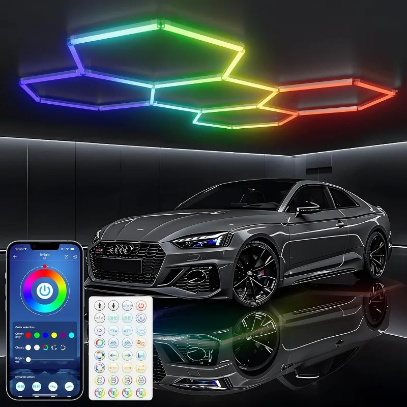 Hexagon Garage Lights LED,RGB Hexagon Lighting Music Mode,358 Kinds of Light Changes Gym Bar Gaming Room Lighting Basement Decor