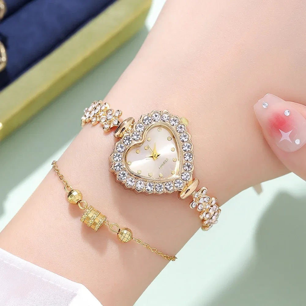 Luxury Rhinestone Women Bracelet Watches Heart Shape Small Dial Quartz Wristwatch Steel Female Watch Montre Femme Wholesale