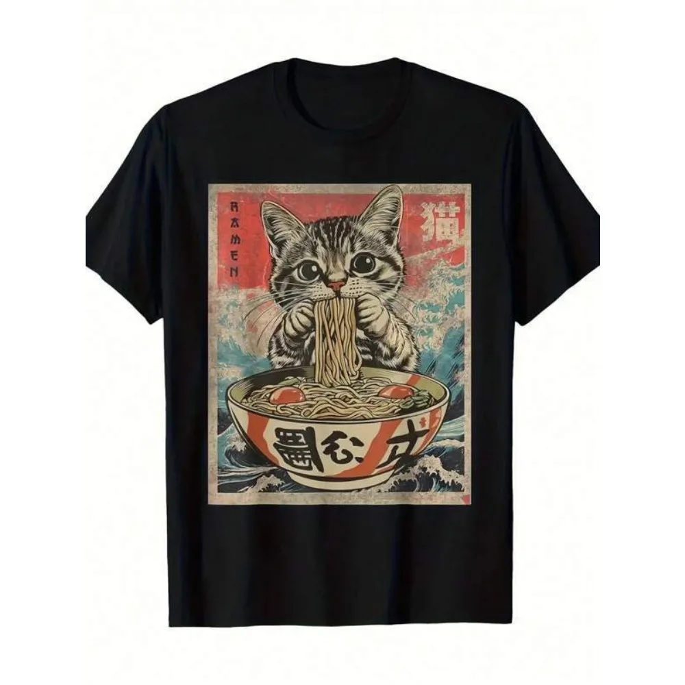

Футболка с милым котом Рамен в стиле аниме, хлопковая футболка для мальчиков, мягкая и удобная, подходит для повседневного ношения