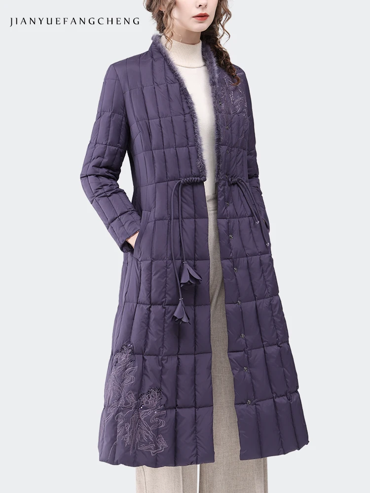 Vintage Embroidered Purple Long Down Dress Women Winter New High Waist A-line Warm Thickended White Duck Down Puffer Coats