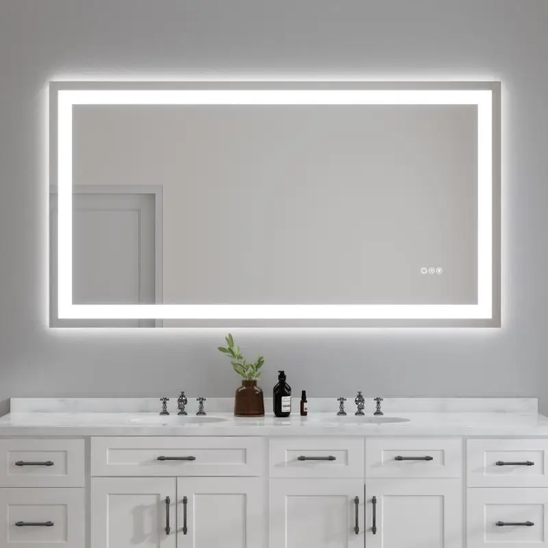 

55x30 Frameless Eco-Friendly Silver Mirror with Dual LED Light Strips for Front & Back Lighting