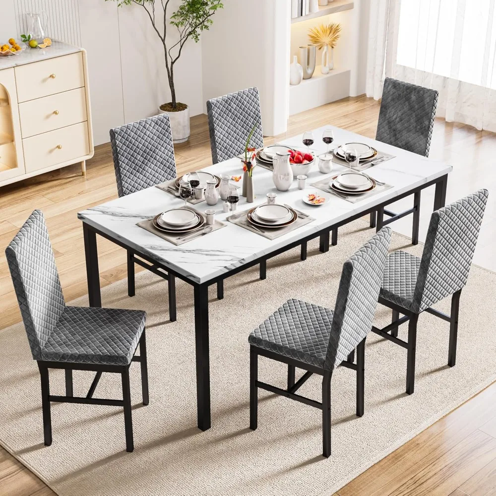 7-piece Set, Artificial Marble Table with Diamond Foam Chair, Modern 6-person Small Space Table