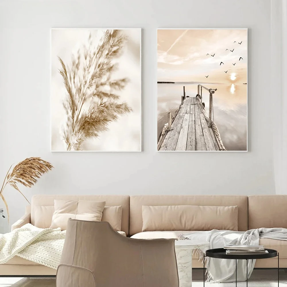 Beige Grass Flower Reed Poster Lake Beach Boat LandscapeMural Bohemian Oil PaintingWall Art Printing Living Room Home Decoration