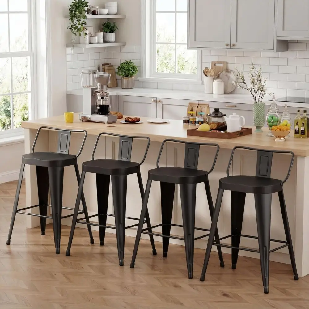 

26 Inch Bar Stools Set of 4, Industrial Metal Barstools Farmhouse Bar Chairs with Large Seat for Kitchen Island 26 Inch, Black