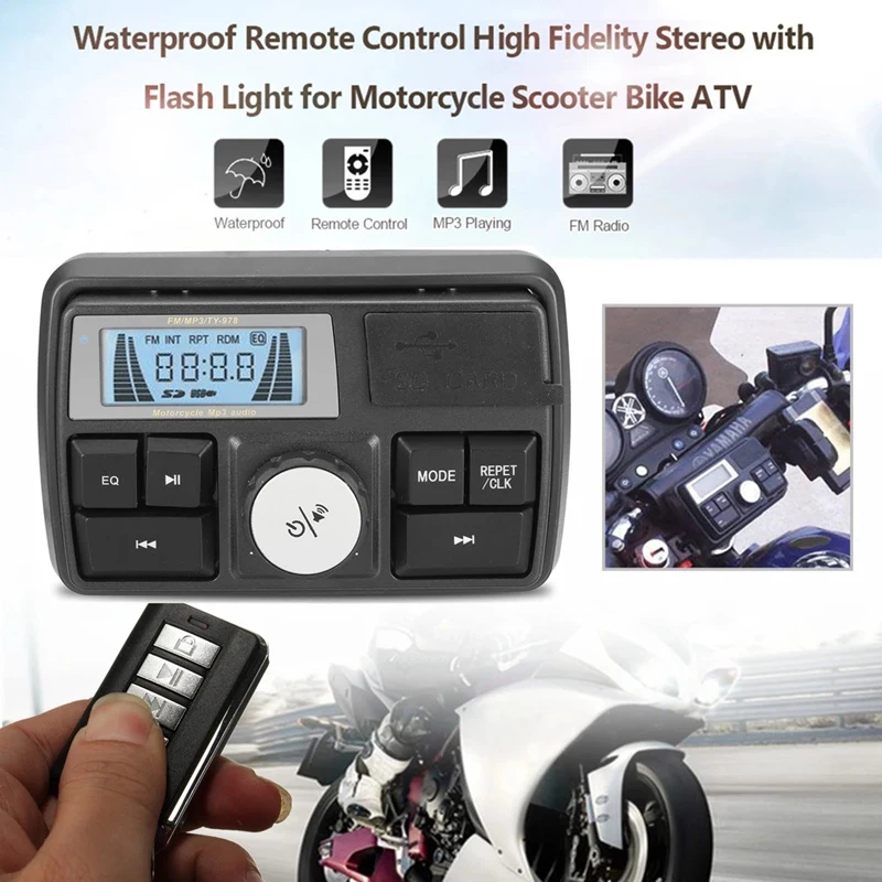 Sistema de som de rádio mp3 para motocicleta, alto-falantes estéreo, bluetooth, à prova d'água, fm, 5 funções eq, display lcd, usb/sd/tf