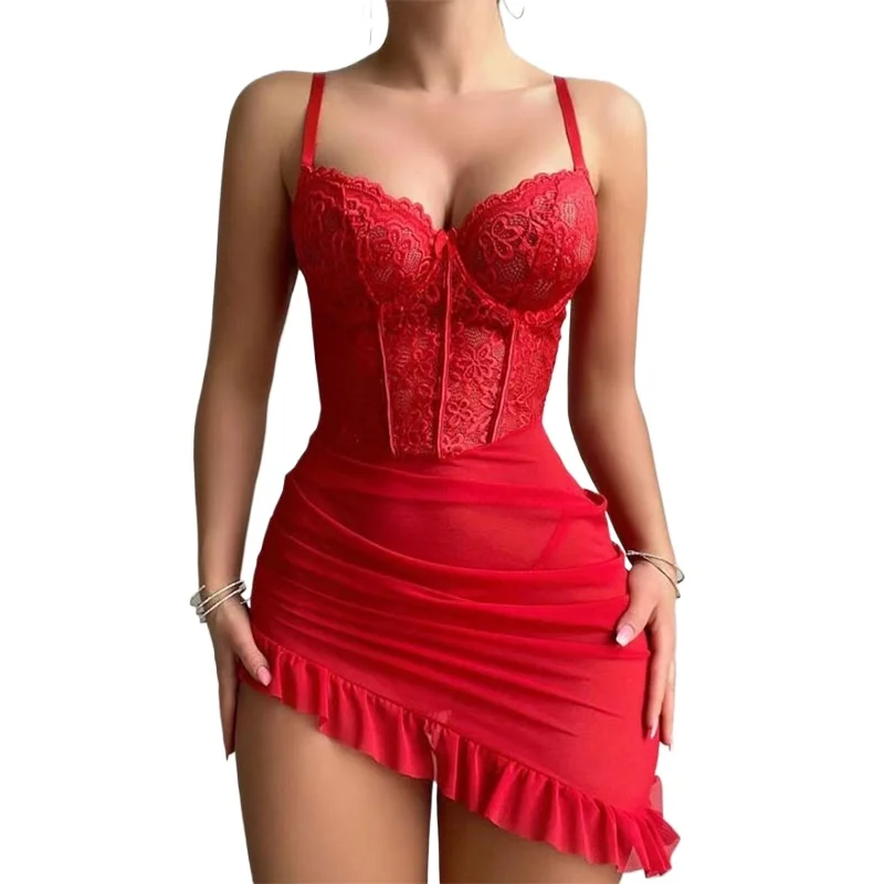 Women's Lace Sexy Lingerie Summer Transparent Dress Underwear Nightdress Delicate Nightgown with Panties Babydolls