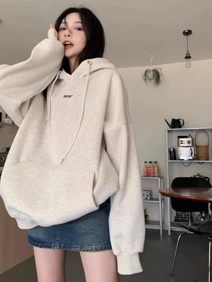 Womens Clothing Vintage Street Sweatshirt Ins Letter Printing Hoodie Long Sleeves Casual Warm Oversize Baggy Ladies Tops Autumn