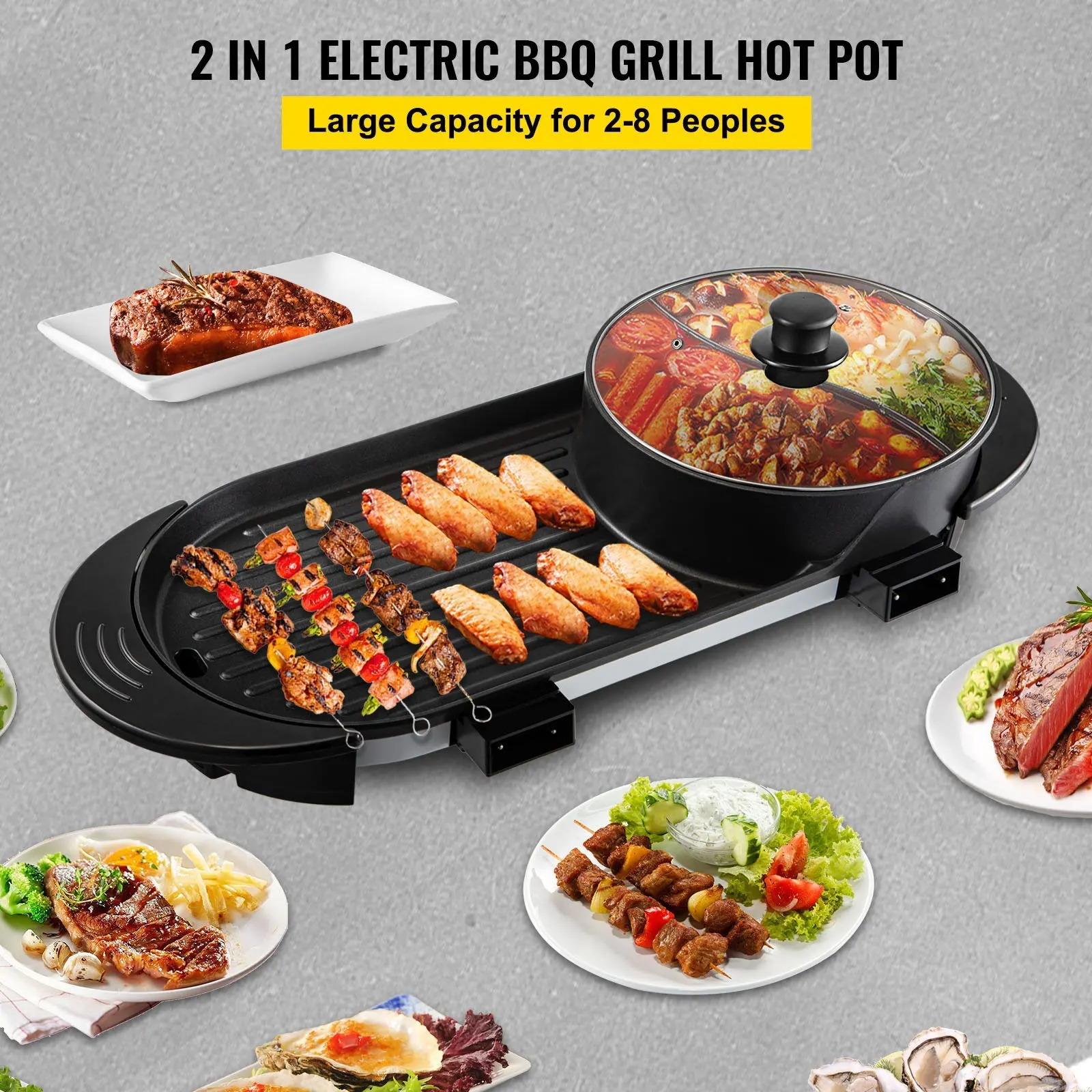 

VEVOR 2 in 1 BBQ Grill and Hot Pot with Divider, Aluminum Alloy Electric BBQ Stove Hot Pot, Separate Dual Thermostat Teppanyaki