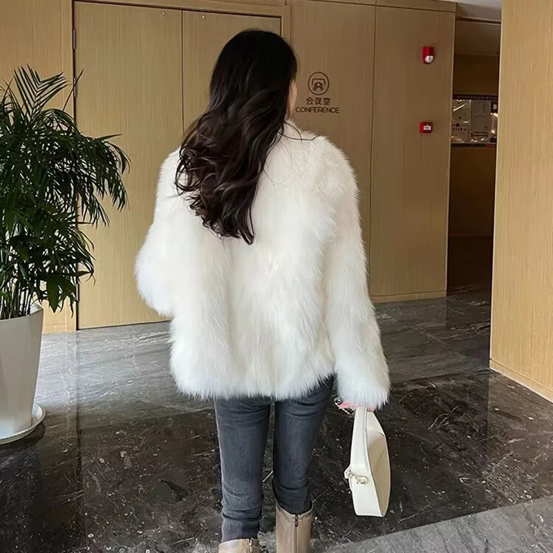 Gidyq Women Faux Fox Fur Coats Elegant Korean Fashion Pearl Button Plush Jacket Female Thick Warm Loose Overcoat Winter New