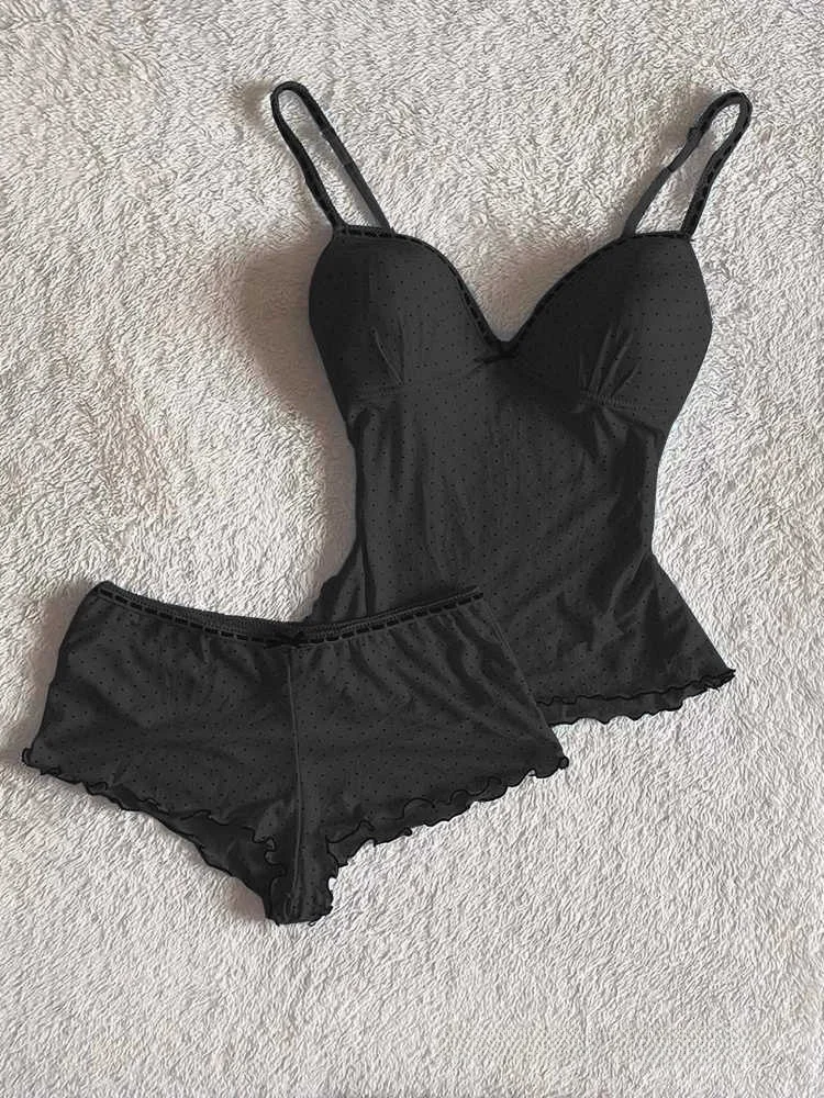 Sexy Pure Desire Black Sleepwear Set with Chest Pad Small Strap Comfortable Vest Shorts Home Clothes for Young Women Summer