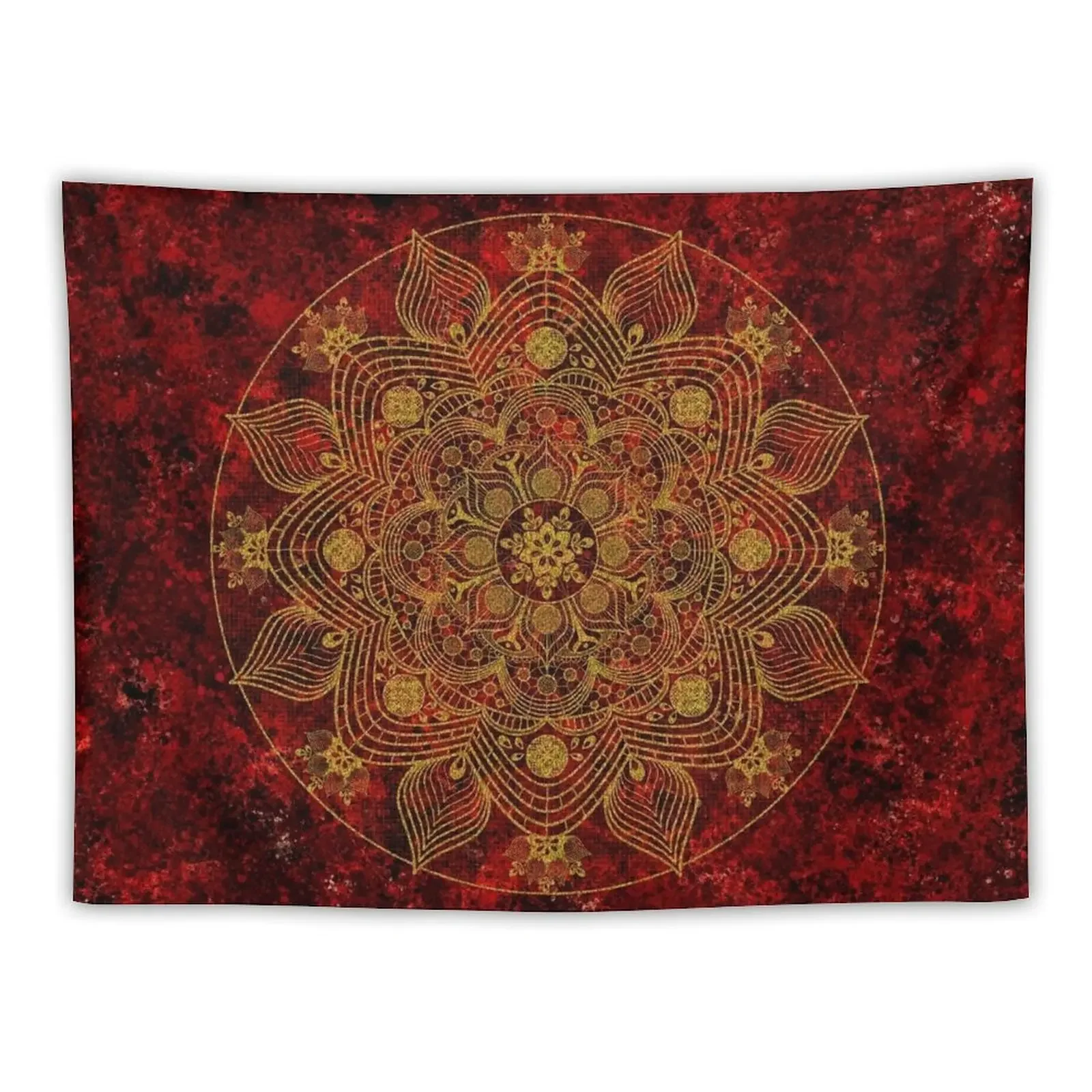 Exquisite Gold Lace Mandala on Red and Black Background Tapestry Aesthetic Room Decor Korean Japanese Room Decor Tapestry