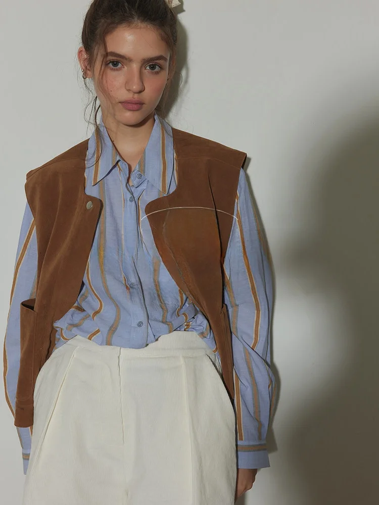 

Casual Versatile Retro Striped irt Color Blo Long Sve Cotton Linen Blend Button up Fem Faion Autumn Collection