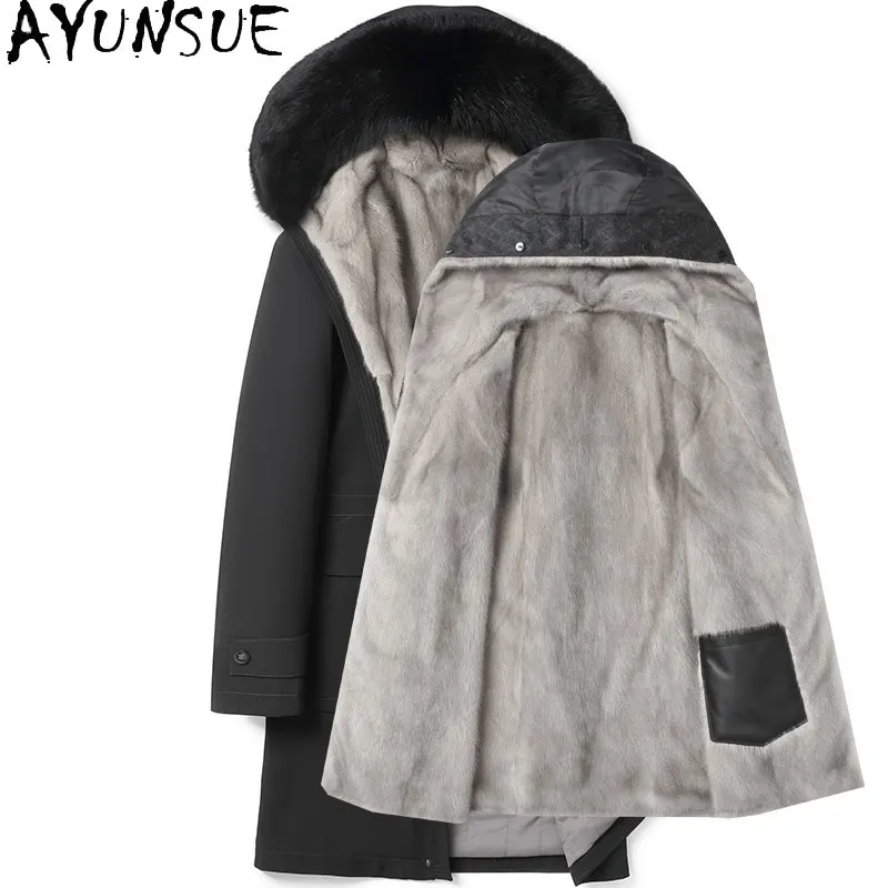 

AYUNSUE пальто из натурального меха, мужские зимние длинные теплые парки, съемная куртка с подкладкой из норкового меха, мужская одежда, пальто с воротником из лисьего меха с капюшоном