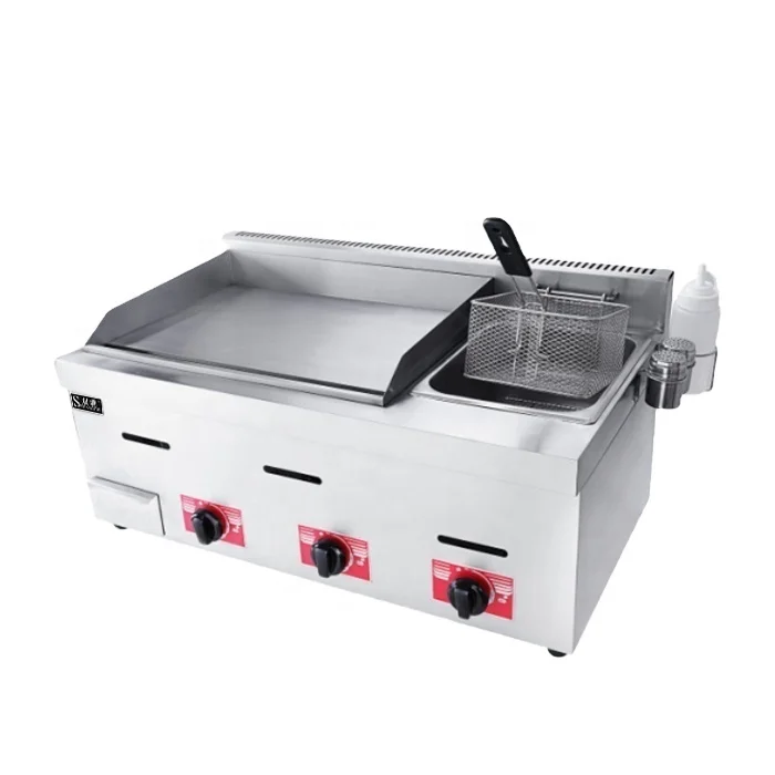 Commercial kitchen stainless steel Table top gas griddle&fryer 2 In 1 with 3 burner